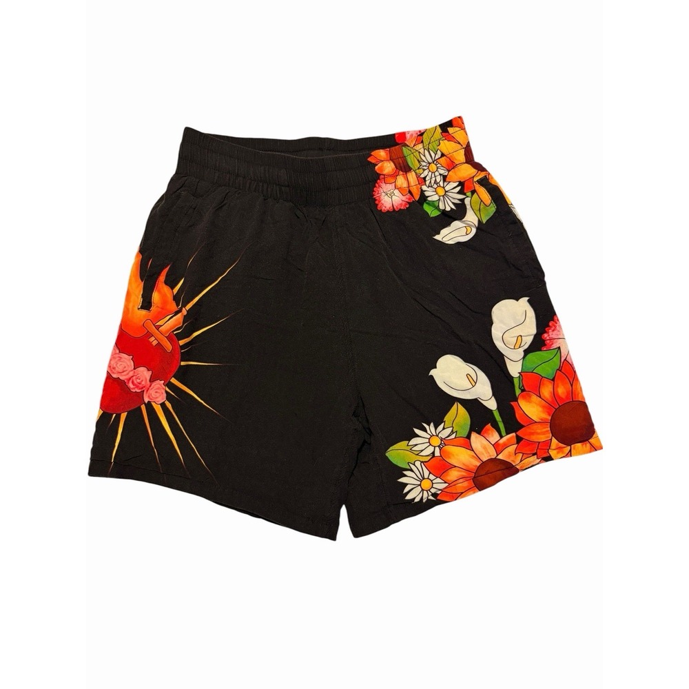 PLEASURES Hearts Black Floral Shorts Drawstring Elastic Waist Size Small
